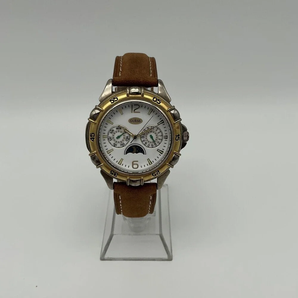 Vintage Guess Mens Watch 38mm White Dial Brown Leather Moonphase New Battery